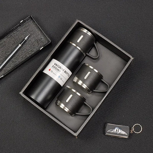 Vacuum Flask Set - Stainless Steel Thermos With 3 Cups (Black)